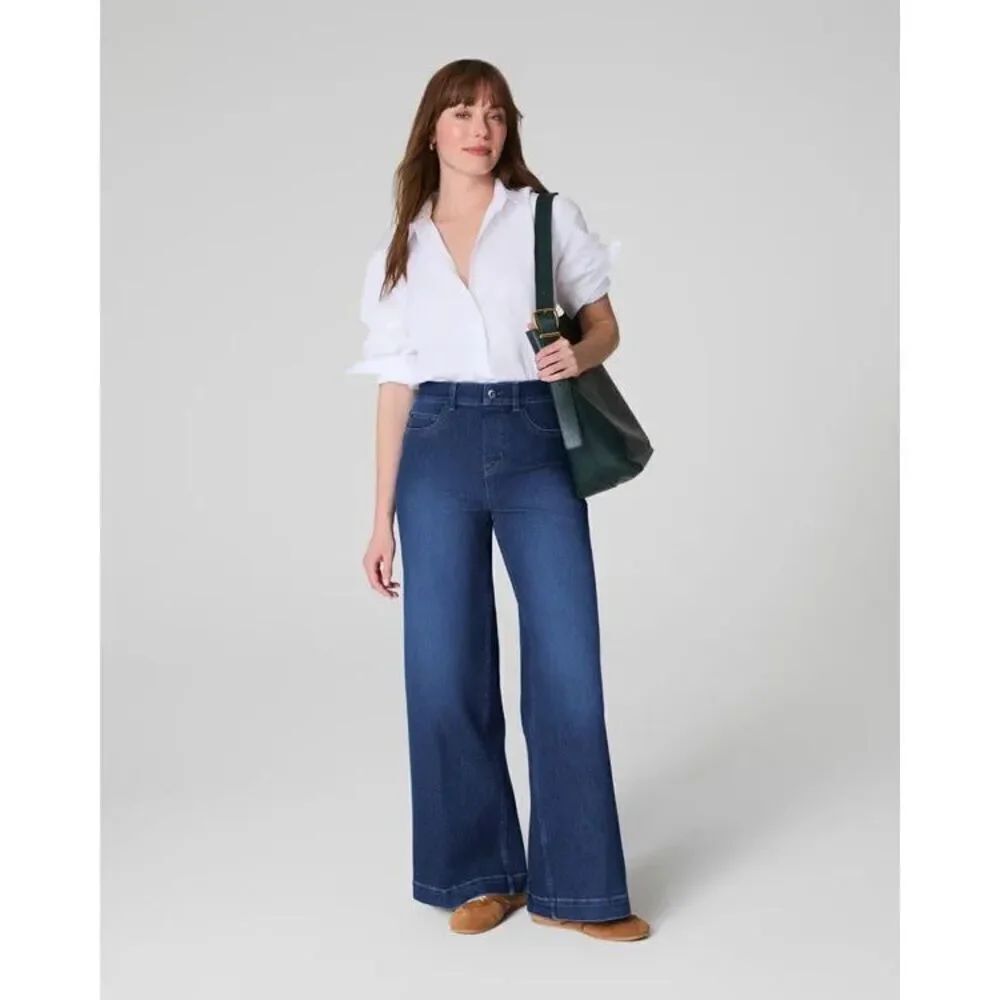 Spanx Medium Wash High Rise Wide Leg Pull On Jean